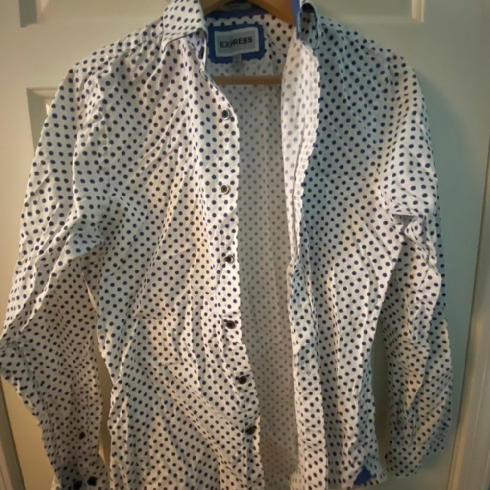 Express Men's White Shirt with Navy Dots